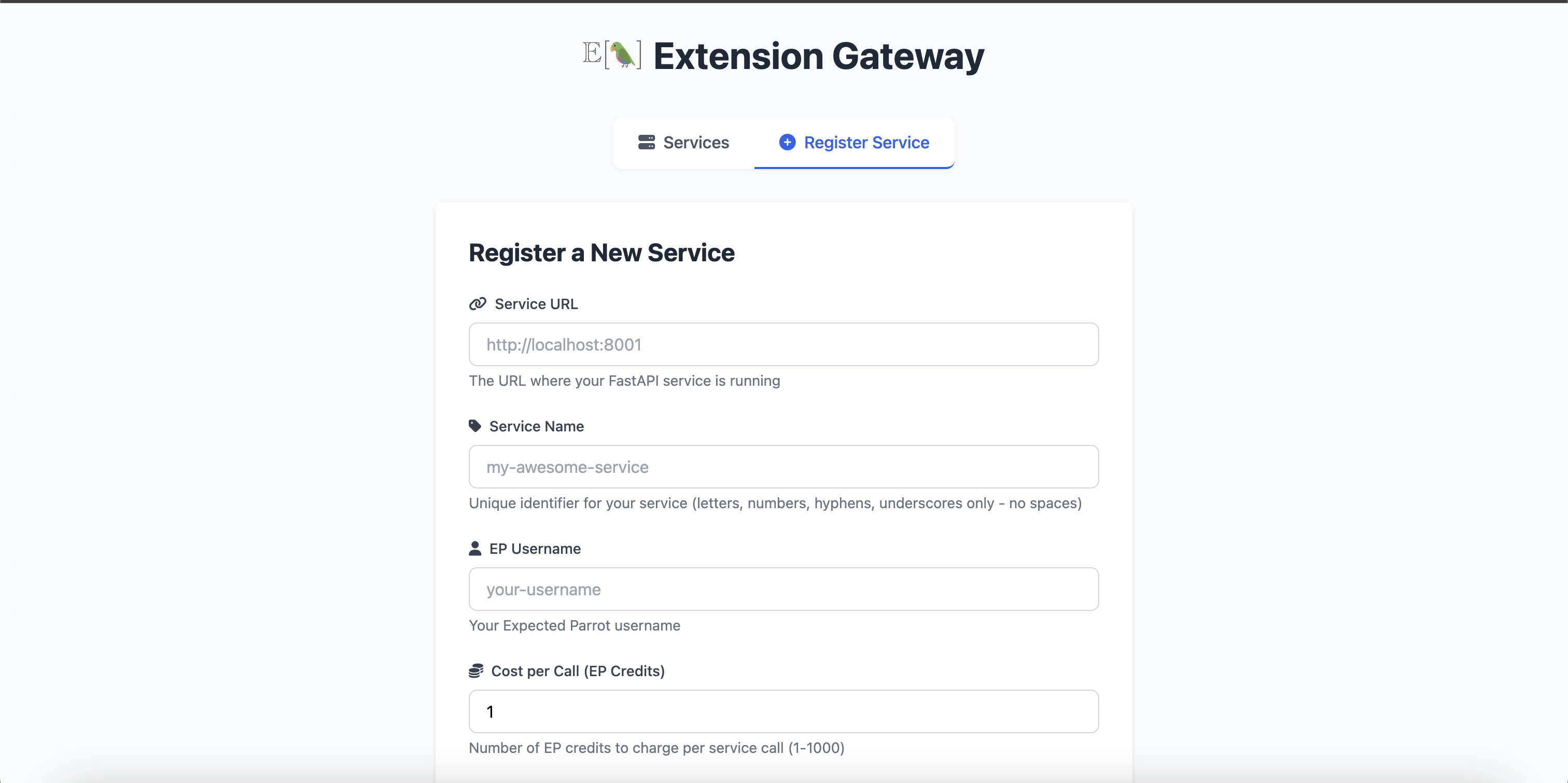 Extension Gateway Register Page